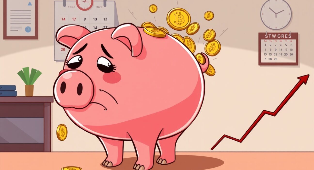 A cartoon piggy bank losing digital asset products like Bitcoin and Ethereum coins, symbolizing the weekly investment outflows.