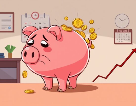 A cartoon piggy bank losing digital asset products like Bitcoin and Ethereum coins, symbolizing the weekly investment outflows.