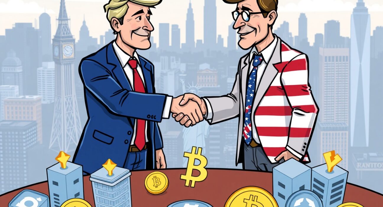 Cartoon of UK and US leaders collaborating on digital asset regulation, symbolizing a unified approach to crypto policy.