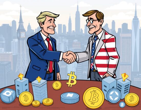 Cartoon of UK and US leaders collaborating on digital asset regulation, symbolizing a unified approach to crypto policy.