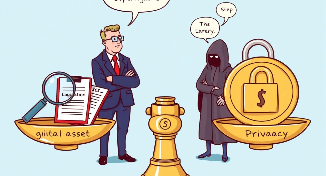 A cartoon illustration showing a balance scale, with 'digital asset supervision' on one side and 'privacy' on the other, representing Lagrange's discussion with the SEC.