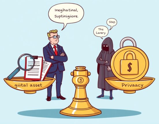 A cartoon illustration showing a balance scale, with 'digital asset supervision' on one side and 'privacy' on the other, representing Lagrange's discussion with the SEC.