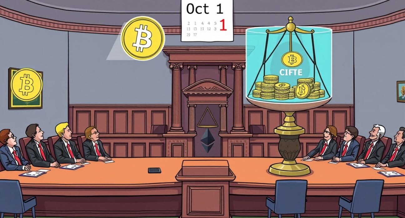 Cartoon showing US Senate debating digital asset taxation, symbolizing the upcoming hearing's impact on crypto.