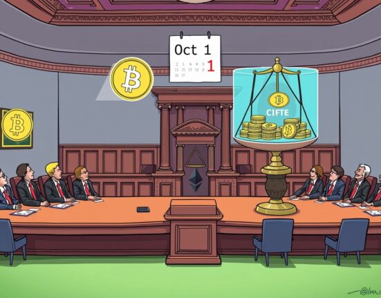 Cartoon showing US Senate debating digital asset taxation, symbolizing the upcoming hearing's impact on crypto.