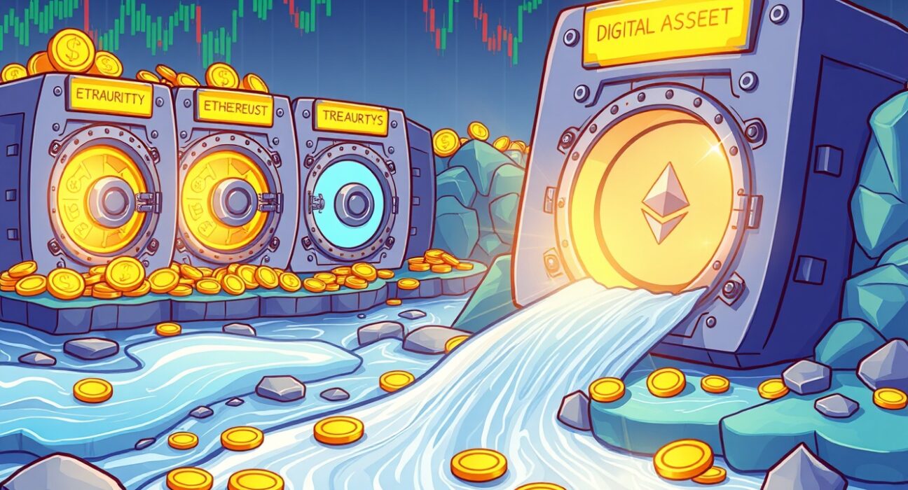 Illustration depicting a substantial inflow of capital into Digital Asset Treasuries, highlighting Ethereum's dominant share.