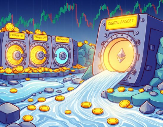 Illustration depicting a substantial inflow of capital into Digital Asset Treasuries, highlighting Ethereum's dominant share.
