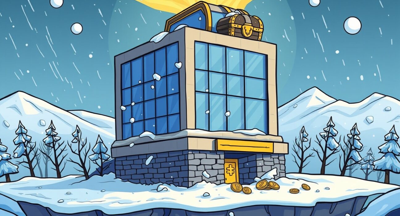 A cartoon illustration of a corporate building with a Digital Asset Treasury chest, resiliently enduring a crypto winter, symbolizing the crucial journey to growth.