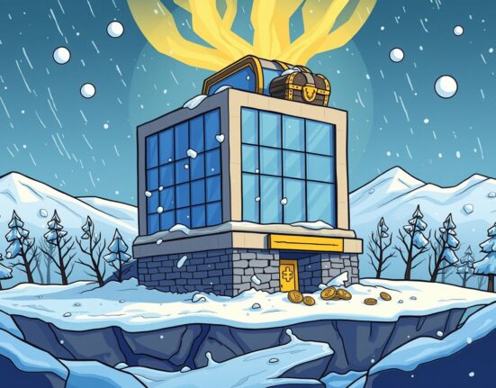 A cartoon illustration of a corporate building with a Digital Asset Treasury chest, resiliently enduring a crypto winter, symbolizing the crucial journey to growth.