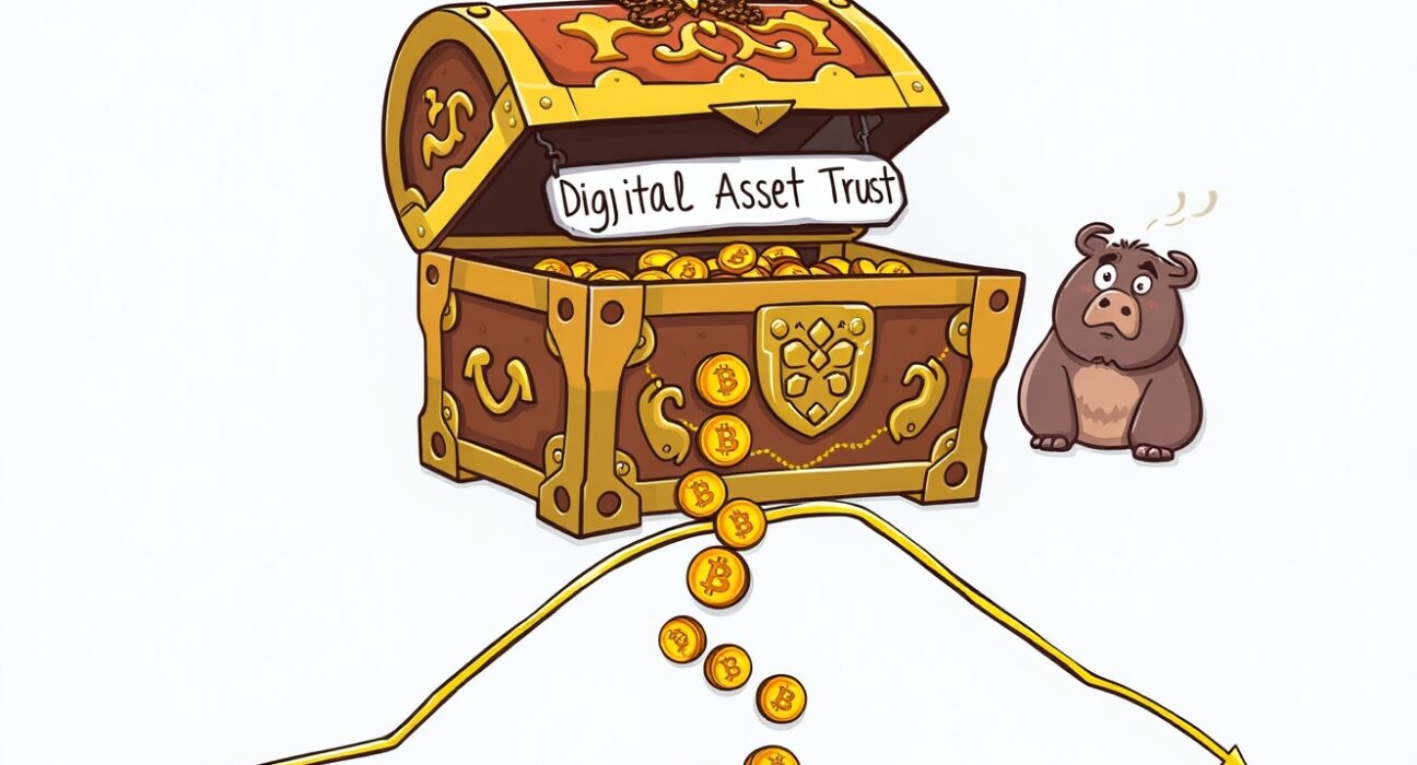 Cartoon illustration of digital asset trust inflows slowing to a trickle from a treasure chest.