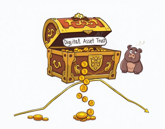 Cartoon illustration of digital asset trust inflows slowing to a trickle from a treasure chest.