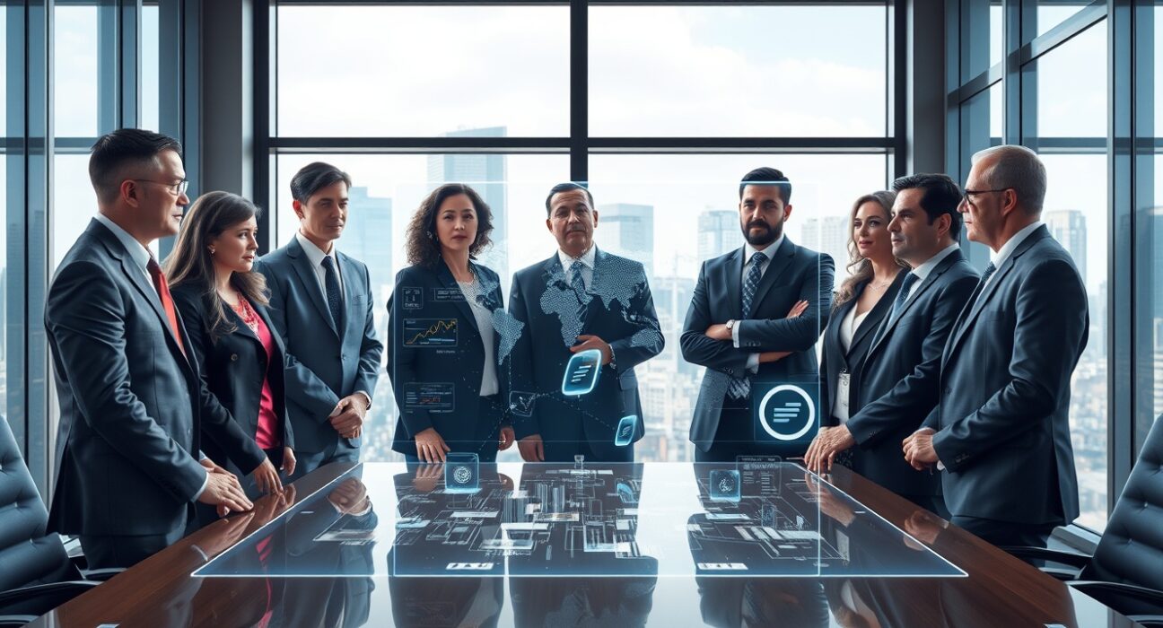 Financial leaders discussing digital assets integration in modern boardroom with blockchain visualization