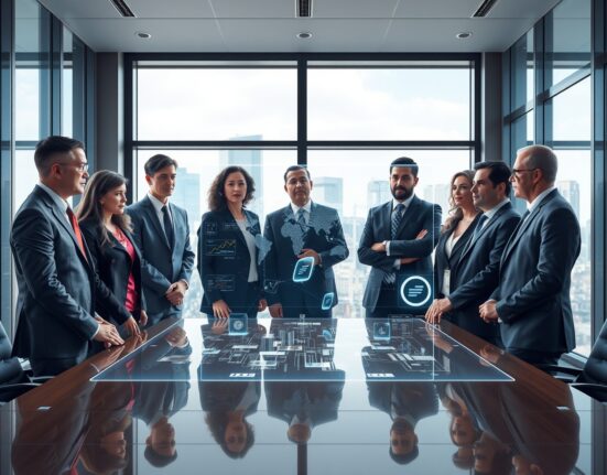 Financial leaders discussing digital assets integration in modern boardroom with blockchain visualization