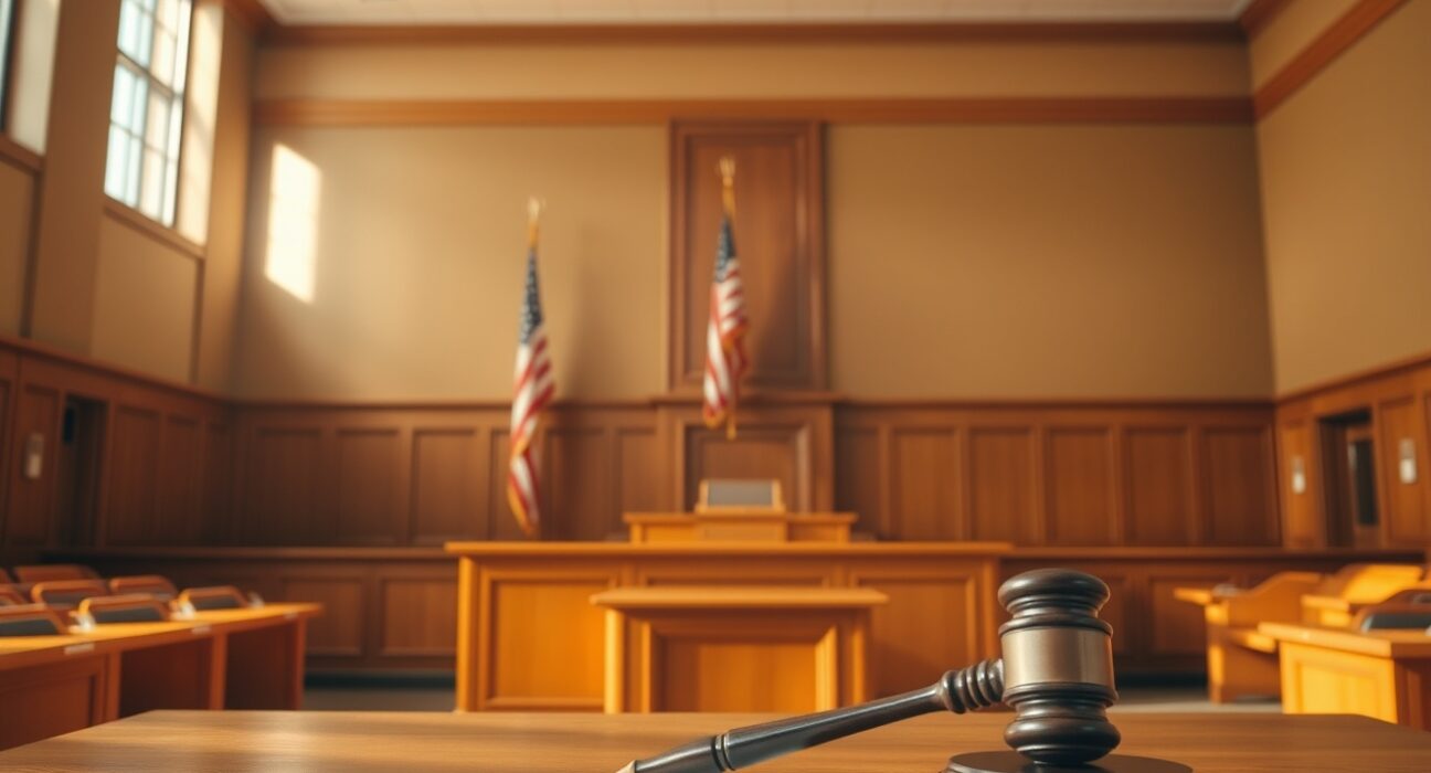 Empty courtroom with judge's bench and gavel, representing legal proceedings in the Satoshi Bitcoin ownership case