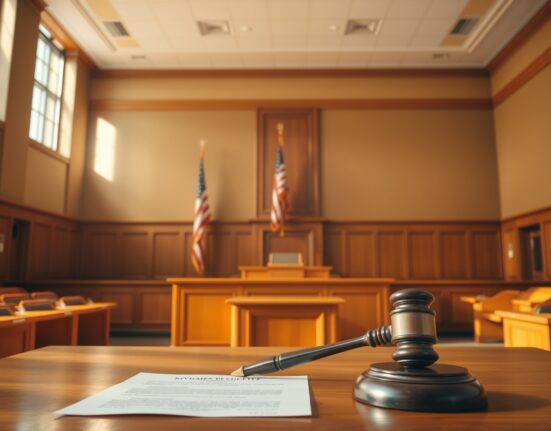 Empty courtroom with judge's bench and gavel, representing legal proceedings in the Satoshi Bitcoin ownership case