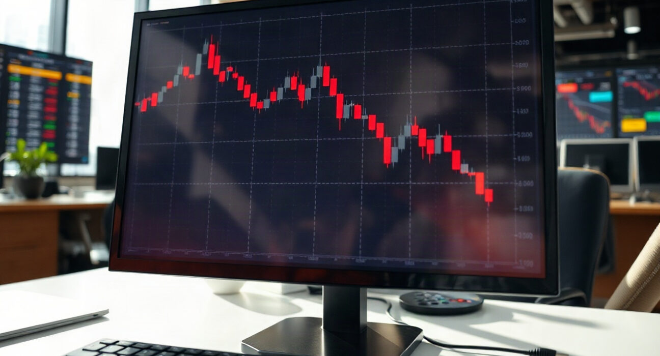 Stock trading chart on a monitor in a financial office, representing the reverse stock split decision by Digital Currency X.