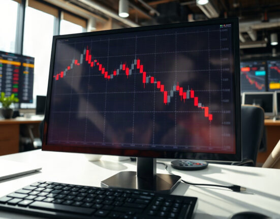 Stock trading chart on a monitor in a financial office, representing the reverse stock split decision by Digital Currency X.