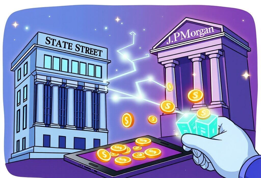 A cartoon illustration showing financial institutions leveraging blockchain for bond settlement, highlighting the efficiency of JPMorgan's Digital Debt Service.