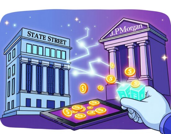 A cartoon illustration showing financial institutions leveraging blockchain for bond settlement, highlighting the efficiency of JPMorgan's Digital Debt Service.