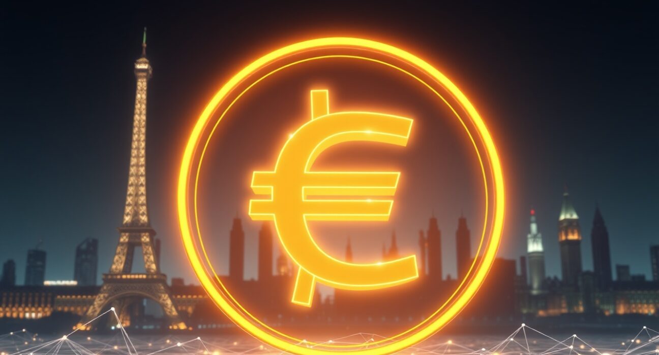 Cartoon illustration of a hand holding a glowing digital euro coin, with a futuristic European city skyline in the background, representing the digital euro's future impact.