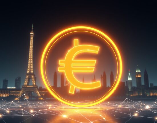 Cartoon illustration of a hand holding a glowing digital euro coin, with a futuristic European city skyline in the background, representing the digital euro's future impact.