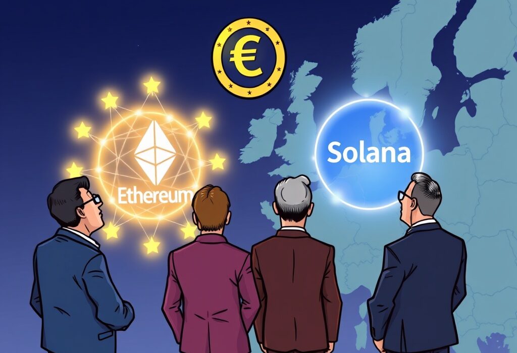 European officials consider Ethereum and Solana as platforms for the ambitious digital euro project, symbolizing a crucial decision for future finance.