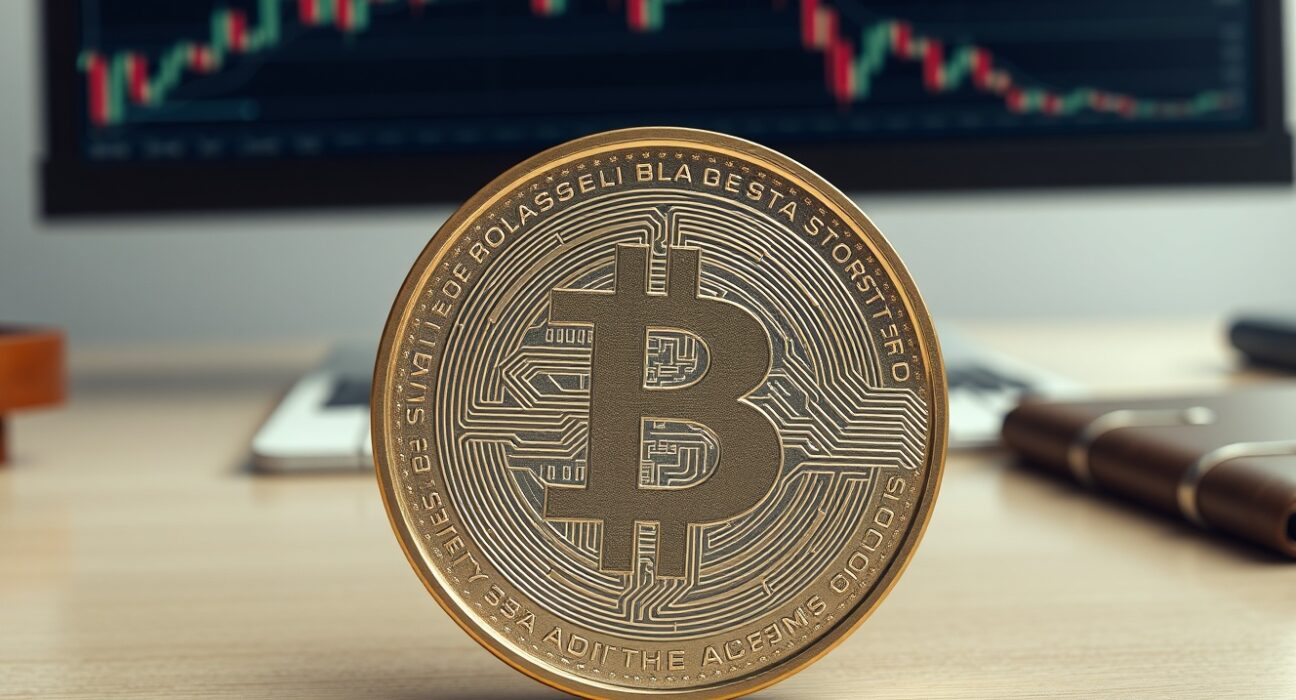 Digital pound coin representing the UK's Britcoin CBDC project on a desk with financial charts in background