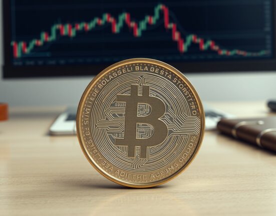 Digital pound coin representing the UK's Britcoin CBDC project on a desk with financial charts in background