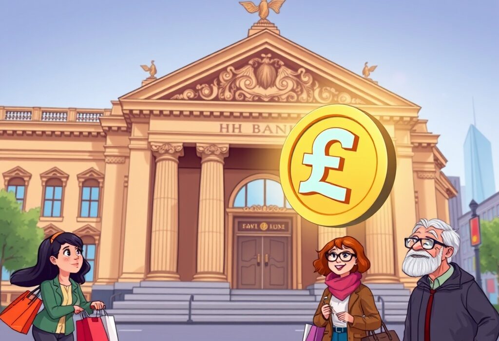 A cartoon illustration showing the concept of the digital pound transforming UK finance, with people interacting with a digital currency.
