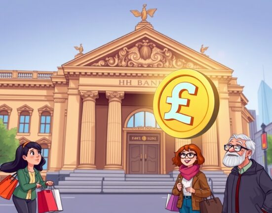 A cartoon illustration showing the concept of the digital pound transforming UK finance, with people interacting with a digital currency.