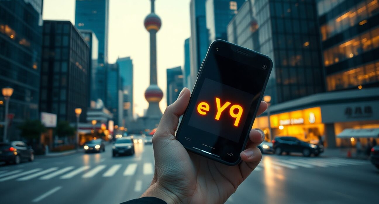 Digital yuan payment terminal in Shanghai financial district with city skyline