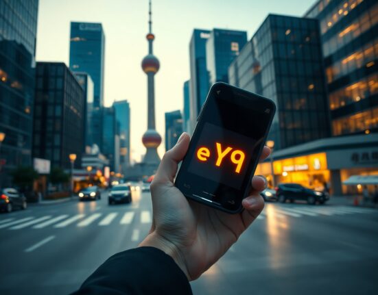 Digital yuan payment terminal in Shanghai financial district with city skyline