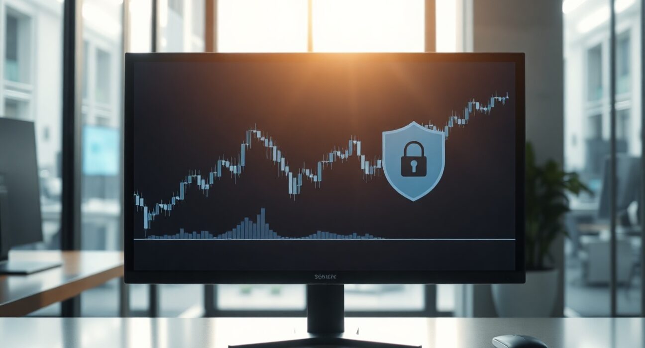 Modern trading desk with digital chart representing tokenized stock trading