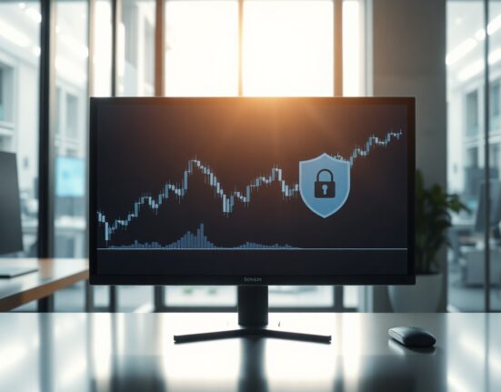 Modern trading desk with digital chart representing tokenized stock trading
