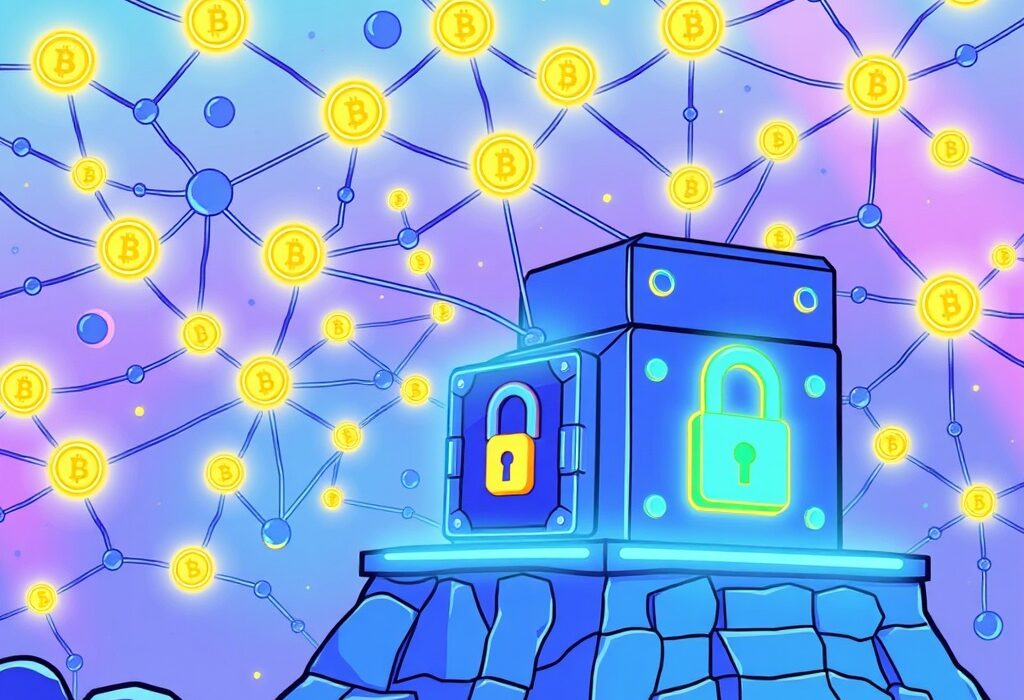 A cartoon image showing secure digital assets moving on a robust layer-1 blockchain, symbolizing the advancement of tokenized securities.