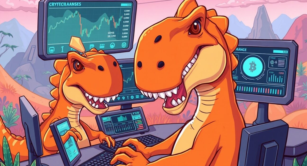 Dino Tycoon cartoon dinosaurs managing cryptocurrency trading with AI technology in vibrant prehistoric setting