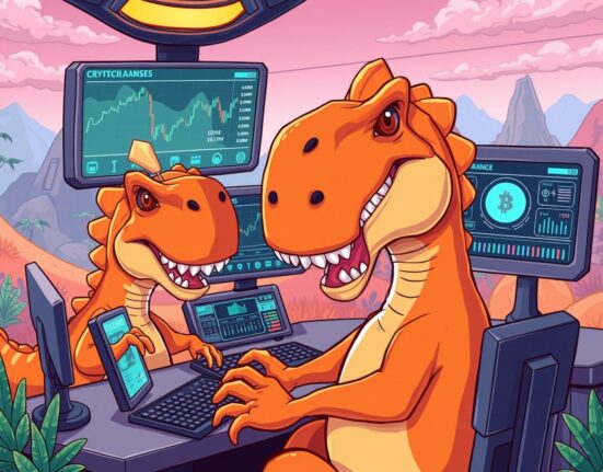 Dino Tycoon cartoon dinosaurs managing cryptocurrency trading with AI technology in vibrant prehistoric setting
