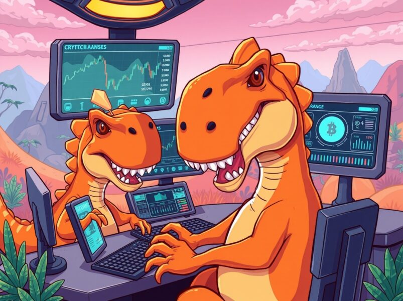 Dino Tycoon cartoon dinosaurs managing cryptocurrency trading with AI technology in vibrant prehistoric setting