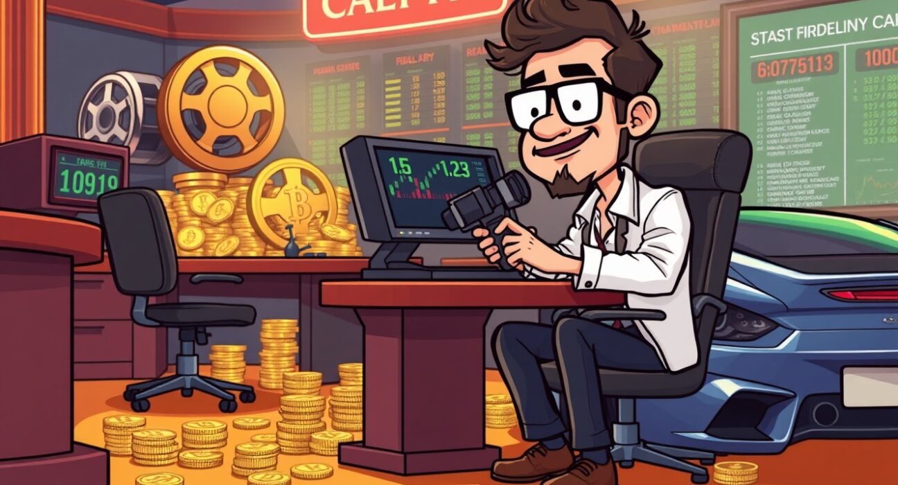 Film director gambling Netflix production budget on cryptocurrency speculation in cartoon illustration