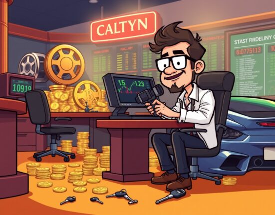 Film director gambling Netflix production budget on cryptocurrency speculation in cartoon illustration
