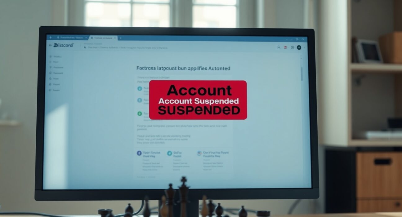 A Discord account suspension notification on a monitor with a chessboard and spreadsheet on a desk, illustrating the false positive AI moderation bug.