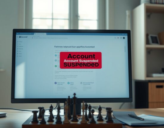 A Discord account suspension notification on a monitor with a chessboard and spreadsheet on a desk, illustrating the false positive AI moderation bug.