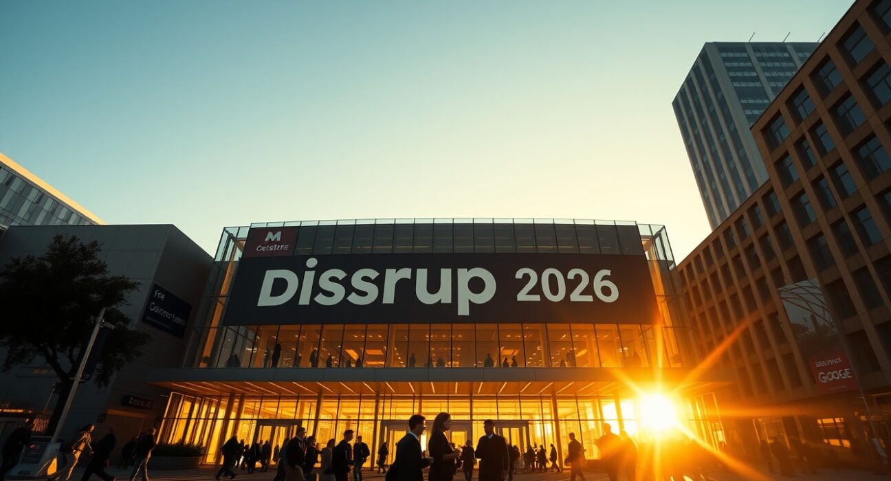 Moscone Center in San Francisco at dusk with Disrupt 2026 banners and attendees entering the venue.