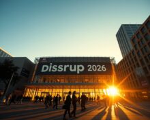 Moscone Center in San Francisco at dusk with Disrupt 2026 banners and attendees entering the venue.