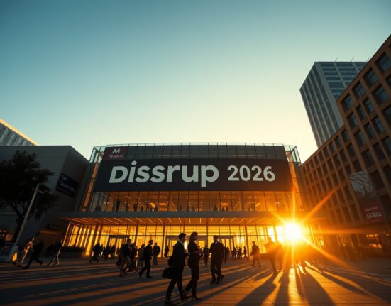 Moscone Center in San Francisco at dusk with Disrupt 2026 banners and attendees entering the venue.