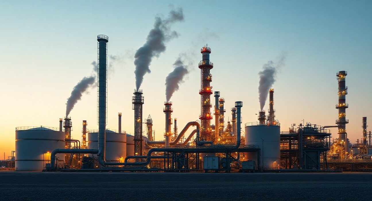 Oil refinery distillation towers at dusk with steam rising, representing distillate production and export activity.