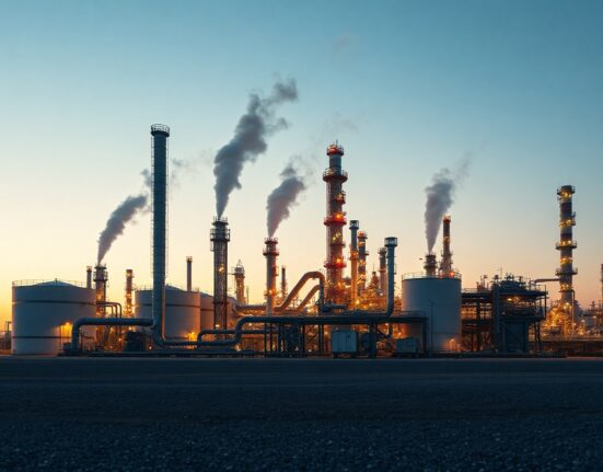 Oil refinery distillation towers at dusk with steam rising, representing distillate production and export activity.