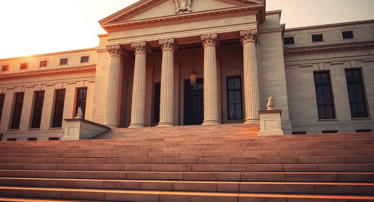 Federal Reserve building in Washington, D.C. during golden hour, symbolizing monetary policy uncertainty.