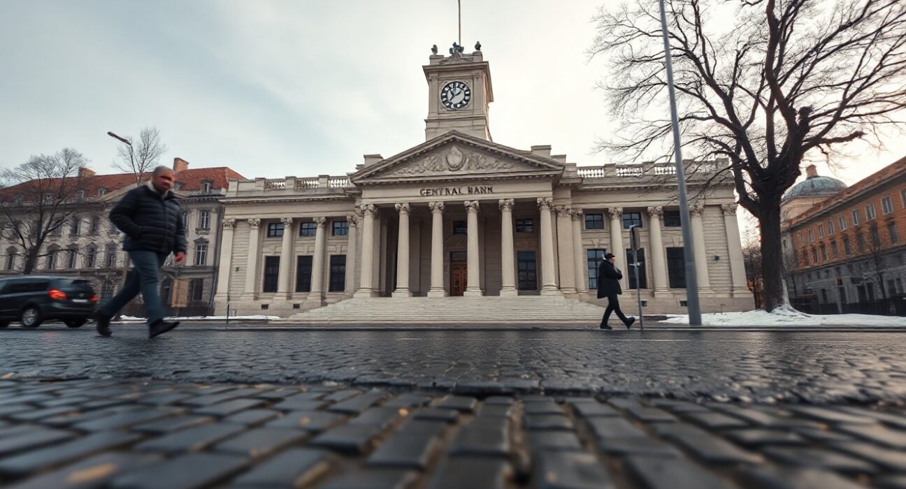 Central bank building in a Central European city on a cloudy day, representing monetary policy divergence.