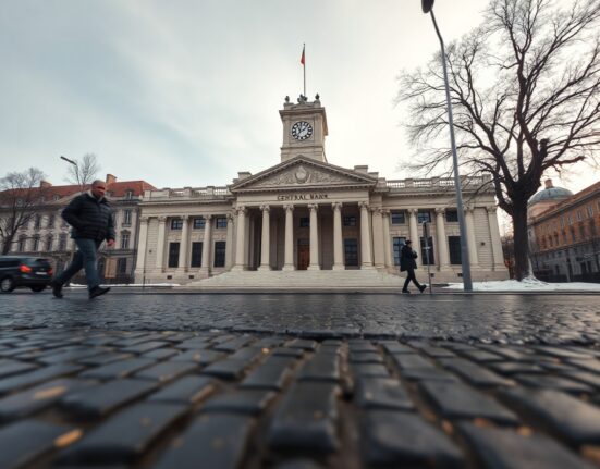 Central bank building in a Central European city on a cloudy day, representing monetary policy divergence.