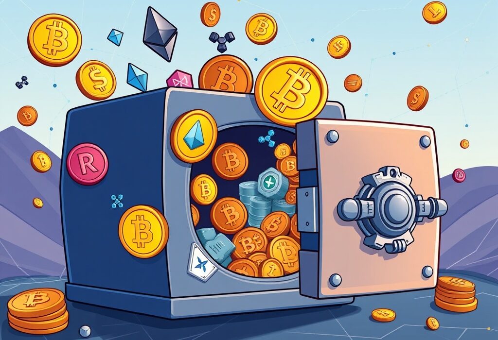 A cartoon illustration depicting a diversified crypto treasury strategy, combining various digital assets for balanced growth.
